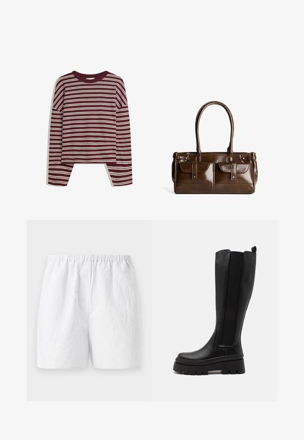 Haut bordeaux à manches longues avec des rayures blanches horizontales. Présente un col rond et des fentes latérales à l'ourlet pour un ajustement décontracté.; Shorts blancs avec une taille élastique, en tissu texturé et avec une coupe décontractée. Design simple, sans motifs ni embellissements.; Botte noire montante en cuir lisse avec des panneaux latéraux élastiques, semelle plate-forme épaisse et texture striée à la base.; Sac à main synthétique marron au fini brillant, comportant deux poches avant, des accents cousus et des poignées doubles pour le transport.