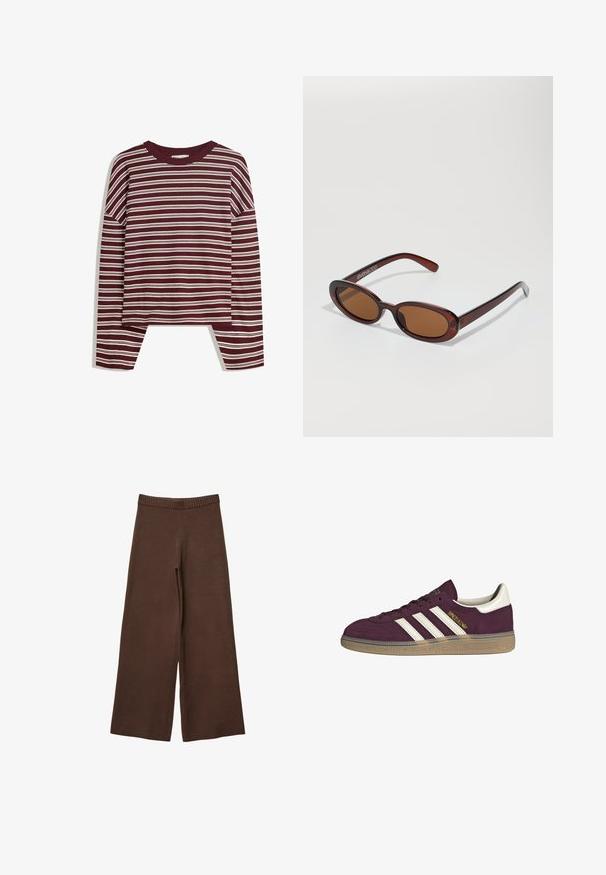 Bordo dukserica dugih rukava s bijelim horizontalnim prugama. Ima okrugli izrez i bočne proreze na rubu za opušteni kroj.; Smeđe široke hlače od mekog materijala, s rebrastim elastičnim pojasom i bez vidljivih zatvarača ili džepova.; Maroon zamšene tenisice s bijelim tri pruge i bež detaljima. Imaju teksturiranu gumenju potplat i zlatni logotip sa strane.; Okvir okruglih, smeđkastih sunčanih naočala s sjajnim burgundskim okvirom. Uski nositelji s suptilnim brendiranjem. Ravna leća.; Smeškan smeđi kožni torbica u obliku trokuta. Ima pletenu ručku i patentni zatvarač na vrhu.