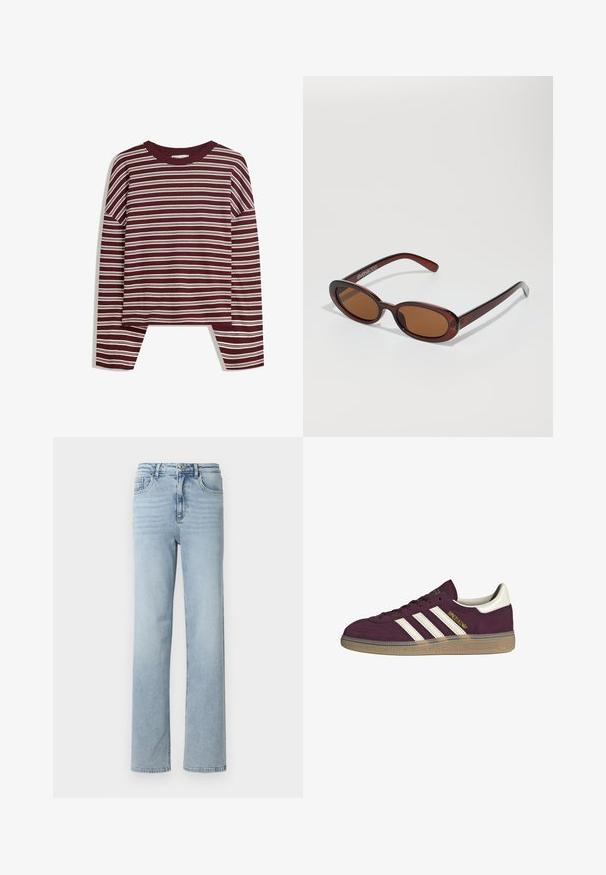 Burgundska majica z dolgimi rokavi z belimi vodoravnimi črtami. Ima okroglo izrezovanje in stranske razpoke na robu za sproščen kroj.; Svijetloplave traperice s ravnim krojem, klasičnim dizajnom s pet džepova i zatvaranjem na dugme i patentni zatvarač u struku.; Bordo nubuk teniske z belimi tremi črtami in bež poudarki. Ima teksturiran gumijast podplat in zlato oznako na strani.; Okrogle, rjavo obarvane sončne naočare z sijočim burgundskim okvirjem. Tanek nosilec s subtilnim logotipom. Oblika leč je ravna.; Rjava tkana usnjena torbica s sproščenim, trikotnim oblikovanjem. Ima pleten ročaj in zadrgo na vrhu.