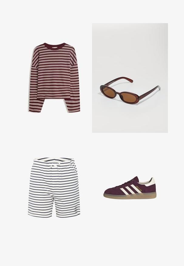 Burgundowa bluzka z długim rękawem w białe poziome paski. Posiada okrągły dekolt i rozcięcia po bokach u dołu, co zapewnia luźny krój.; Pasiaste krótkie spodenki kąpielowe w kolorze białym i granatowym, z elastycznym paskiem w talii i sznurkiem ściągającym, oraz małym detalem z logo na dolnym przodzie.; Bordowe zamszowe trampki z białymi trzema paskami i beżowymi akcentami. Mają teksturowaną gumową podeszwę i złote oznaczenia po boku.; Okrągłe, brązowe okulary przeciwsłoneczne z błyszczącą bordową oprawą. Cienkie ramiona z subtelnym detalem marki. Płaski kształt soczewek.; Brązowa torebka skórzana pleciona o luźnym, trójkątnym kształcie. Posiada pleciony uchwyt i zamek błyskawiczny na górze.