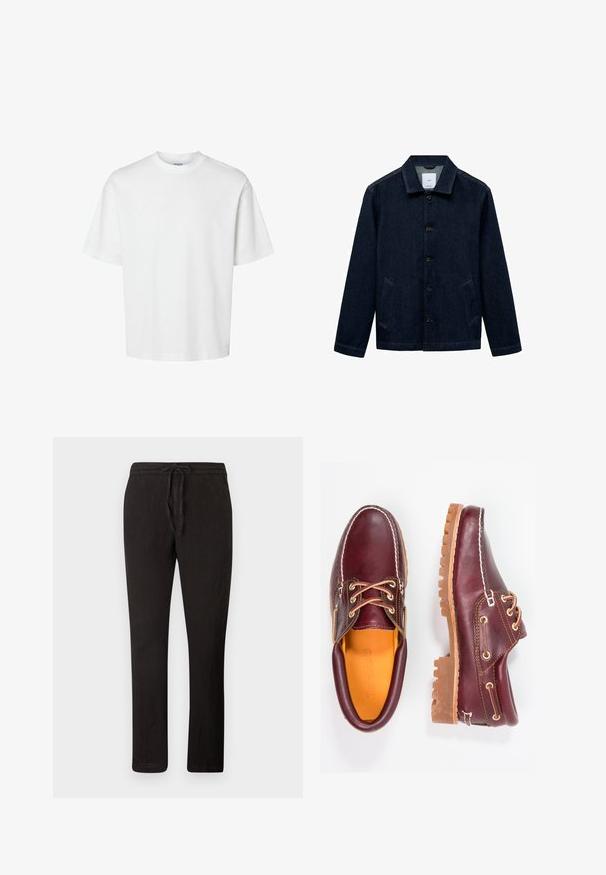 Weißes Baumwoll-T-Shirt mit kurzen Ärmeln, Rundhalsausschnitt und lässigem Schnitt. Glatte Textur ohne sichtbare Muster oder Akzente.; Dunkelblaue Jeansjacke mit Kragen, Knopfleiste, zwei seitlichen Taschen und geradem Saum. Texturiertes Material mit klassischem, lässigem Design.; Schwarze Leinenhose mit Kordelzugbund, geradem Schnitt, strukturiertem Gewebe und minimalistischem Design. Geeignet für Freizeitkleidung.; Bordeauxfarbene Lederschuhe mit braunen Gummisohlen, runder Zehenform, weißen Nähten und goldenen Ösen. Das Innenfutter weist eine gelbe Beschichtung auf.