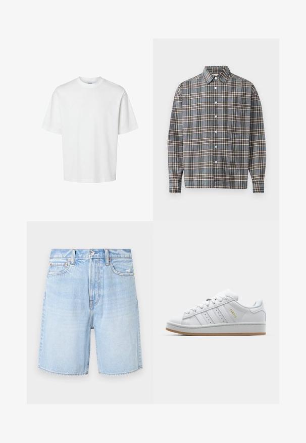 Balta medvilninė marškinė su trumpomis rankovėmis, apvaliu iškirpimu ir laisvu siluetu. Lygus paviršius be matomų raštų ar akcentų.; Ilgomis rankovėmis mygtukinė marškiniai su mėlynos, rudos ir beige pločio dryžiais bei krūtinės kišenė ant šviesaus fono.; Šviesiai mėlyni džinsiniai šortai su klasikiniu siluetu, turintys penkių kišenių dizainą, suplyštą apdailą ir kontrastingas siūles.; Baltos sportbačiai su perforuotu trimis dryželiais, tekstūruotais akcentais, guminiais padais ir auksiniu "CAMPUS" logotipu šone.