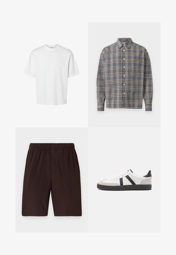 T-shirt en coton blanc à manches courtes, col rond et coupe décontractée. Texture lisse sans motifs ou accents visibles.; Chemise à manches longues à boutons avec un motif tartan bleu, brun et beige et une poche poitrine sur un fond clair.; Shorts plissés marron avec une taille élastique et des poches, fabriqués en tissu léger. L'ourlet arrive juste au-dessus du genou.; Baskets blanches avec des accents noirs et gris, présentant un embout texturé gris, une semelle en caoutchouc noir et des lacets plats blancs. Design épuré, style minimaliste.
