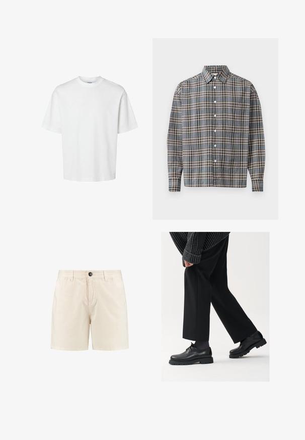 Witte katoenen t-shirt met korte mouwen, ronde hals en een relaxed fit. Gladde textuur zonder zichtbare patronen of accenten.; Langermige overhemd met knopen, in een blauw, bruin en beige ruitpatroon, met een borstzakje op een lichte achtergrond.; Beige katoenen shorts met een knoopsluiting, elastische tailleband en zijzakken. Eenvoudig ontwerp met een rechte snit en zonder zichtbare patronen.; Zwarte leren schoenen met een afgeronde neus, vetersluiting en een dikke, getextureerde zool. Draagt een gepaste zwarte broek en een geribbelde trui.