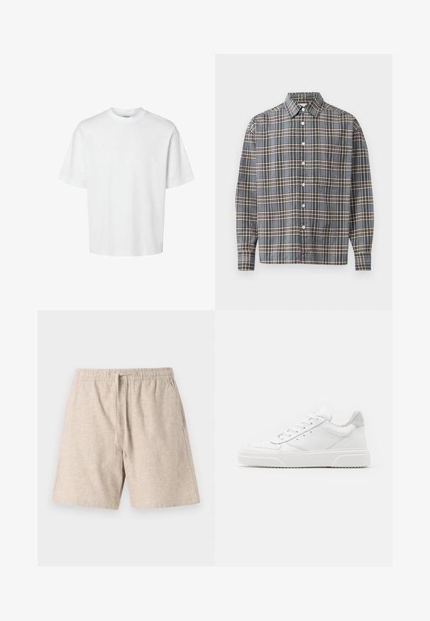 Bijela pamučna majica kratkih rukava, s okruglim izrezom i opuštenim krojem. Glatka tekstura bez vidljivih uzoraka ili ukrasa.; Svičanik dugih rukava s plavim, smeškim i bež kariranim uzorkom i džepom na prsima na svijetloj pozadini.; Bež lanene kratke hlače s elastičnim pojasom, vezicom, bočnim džepovima i teksturiranim materijalom. Ležeran dizajn, dužina do koljena.; Bijele kožne tenisice s glatkom površinom, okruglim vrhom, ravnim vezicama i strukturiranom potplatom. Sivi antilop naglasak na peti.