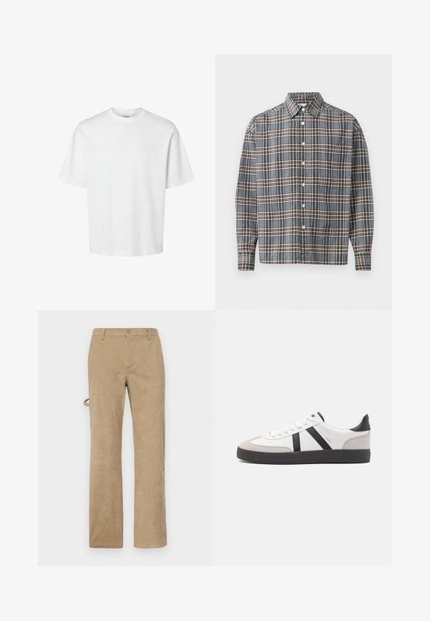 Balta medvilninė marškinė su trumpomis rankovėmis, apvaliu iškirpimu ir laisvu siluetu. Lygus paviršius be matomų raštų ar akcentų.; Ilgomis rankovėmis mygtukinė marškiniai su mėlynos, rudos ir beige pločio dryžiais bei krūtinės kišenė ant šviesaus fono.; Bežinės kordūrų kelnės su tiesiu pritaikymu, su priekiniais mygtukais ir diržo kilpomis. Tekstūruota medžiaga su vertikaliomis juostelėmis.; Balti sportbačiai su juodais ir pilkais akcentais, pasižymintys tekstūruotu pilku pirštų dangteliu, juoda gumine padais ir plokščiomis baltomis raišteliais. Švarus dizainas, minimalistinis stilius.