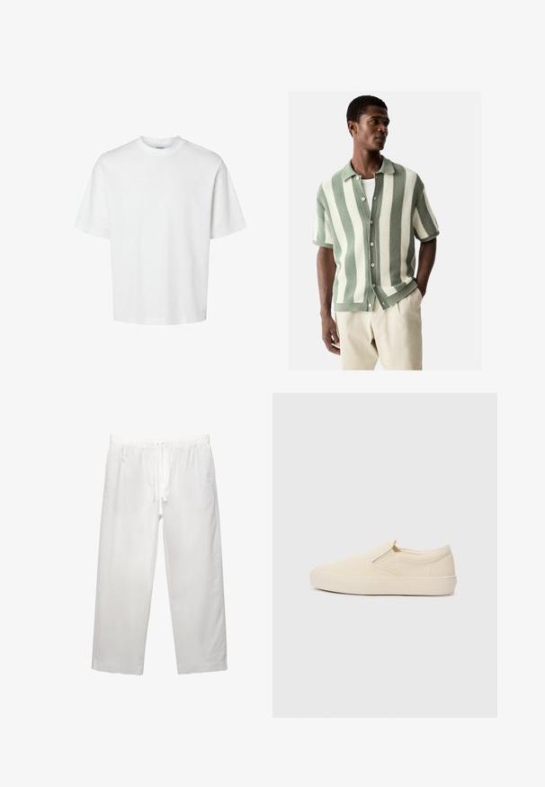 T-shirt en coton blanc à manches courtes, col rond et coupe décontractée. Texture lisse sans motifs ou accents visibles.; Next REGULAR FIT - SHORT SLEEVE STRIPE - Chemise - white sage green; Pantalons en lin blanc avec une taille élastique et un cordon de serrage, conception à jambes larges et coutures nettes. Texture lisse avec une coupe décontractée.; Bottines beige à enfiler en toile avec une semelle en caoutchouc. Présentent des accents élastiques sur les côtés et une texture lisse. Design simple et arrondi.