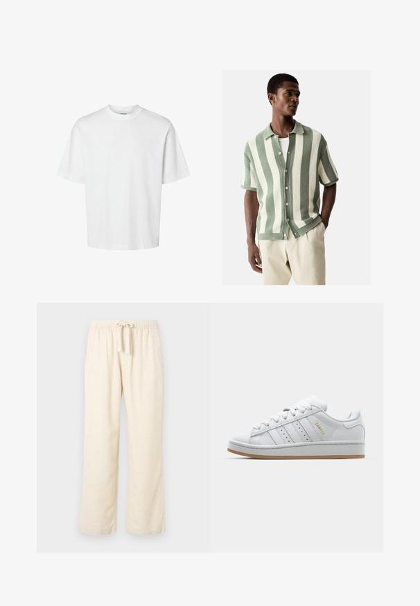 Bílý bavlněný tričko s krátkými rukávy, klasickým kulatým výstřihem a volným střihem. Hladká textura bez viditelných vzorů nebo akcentů.; Next REGULAR FIT - SHORT SLEEVE STRIPE - Košile - white sage green; Kalhoty širokého střihu z lněné směsi v bílé barvě, s elastickým pasem a šňůrkou. Hladký materiál a celkové dlouhé provedení.; Bílé tenisky s perforovaným designem tří pruhů, texturovanými detaily, gumovou podrážkou a zlatým logem "CAMPUS" po straně.