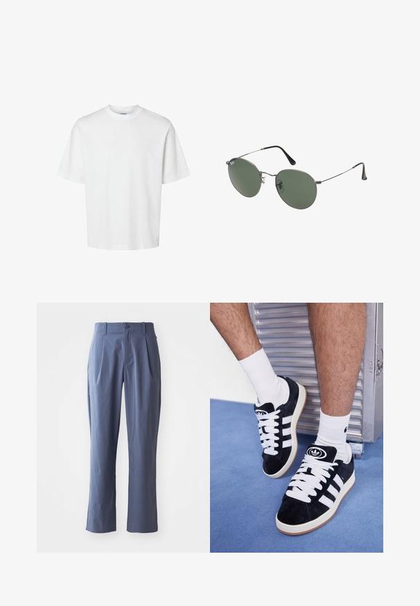 Valkoinen puuvillapaita lyhyillä hihoilla, pyöreällä kaula-aukolta ja rentoa istuvuutta. Sujuva pinta ilman näkyviä kuvioita tai korostuksia.; Lyhythihainen, vaaleanbeige nappipaita, jossa on kauluspääntie ja vasemmassa rintataskussa vihreä logo. Pehmeä ja kevyt kangas.; Tummansinisen väriset, laskostetut, suoran leikkauksen housut, jotka on valmistettu kevyestä kankaasta. Niissä on yksi etunappikiinnitys ja vyölenkit.; Mustat mokkasneakersit, joissa on valkoiset nauhat ja kolme valkoista raitaa. Kengissä on ympyrän muotoinen musta logo kielen päällä ja kuminen pohja.; Aurinkolasit metallikehyksillä, joissa on soikeat vihreät linssit. Ohut hopeinen metallikehys ja mustat korvapehmusteet. Minimalistinen muotoilu, ei näkyviä logoja.