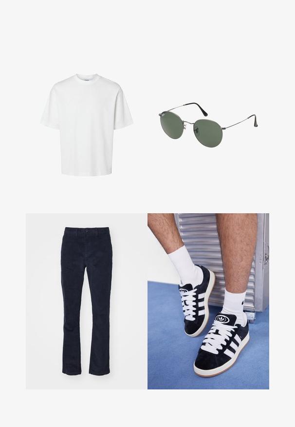 White cotton t-shirt with short sleeves, crew neckline, and a relaxed fit. Smooth texture with no visible patterns or accents.; Short-sleeve, beige button-up shirt with a collared neckline, featuring a green logo on the left chest pocket. Smooth, lightweight fabric.; DOCKERS SMART FLEX MOTION SLIM - Chinos - navy; Black suede sneakers with white laces and three white stripes. Features a circular black logo on the tongue and a gum rubber sole.; Metal-framed sunglasses with oval green lenses. Thin silver metal frame and black ear tips. Minimalist design, no visible logos.