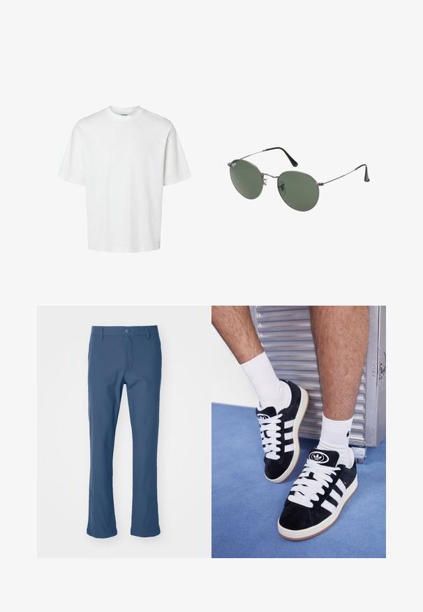 Fehér pamut póló rövid ujjakkal, kerek nyakkivágással és laza szabással. Simább textúra, látható minták vagy kiegészítők nélkül.; Rövidujjú, bézs gombos ing, nyakpánttal, a bal mellzsebén zöld logóval. Simma, könnyű anyag.; Kék, egyenes szárú nadrág sima anyagból, gombos zárással és cipzárral. Oldalsó zsebekkel és letisztult, igényes dizájnnal rendelkezik.; Fekete velúr sportcipők fehér fűzőkkel és három fehér csíkkal. A nyelvén egy kör alakú fekete logó található, valamint egy gumis talp.; Fémkeretes napszemüveg ovális zöld lencsékkel. Vékony ezüst színű fémkeret és fekete fülrész. Minimalista dizájn, látható logók nélkül.