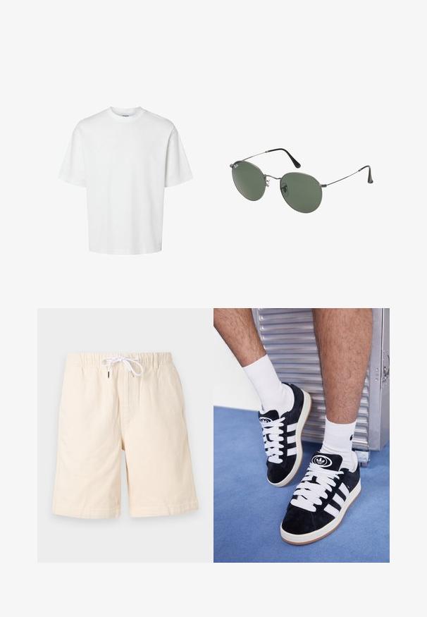 Valkoinen puuvillapaita lyhyillä hihoilla, pyöreällä kaula-aukolta ja rentoa istuvuutta. Sujuva pinta ilman näkyviä kuvioita tai korostuksia.; Lyhythihainen, vaaleanbeige nappipaita, jossa on kauluspääntie ja vasemmassa rintataskussa vihreä logo. Pehmeä ja kevyt kangas.; Beige puuvillashortsit rentoa leikkausta, joustava vyötärö ja valkoinen naru. Sisältää sivutaskut ja sileän pinnan.; Mustat mokkasneakersit, joissa on valkoiset nauhat ja kolme valkoista raitaa. Kengissä on ympyrän muotoinen musta logo kielen päällä ja kuminen pohja.; Aurinkolasit metallikehyksillä, joissa on soikeat vihreät linssit. Ohut hopeinen metallikehys ja mustat korvapehmusteet. Minimalistinen muotoilu, ei näkyviä logoja.