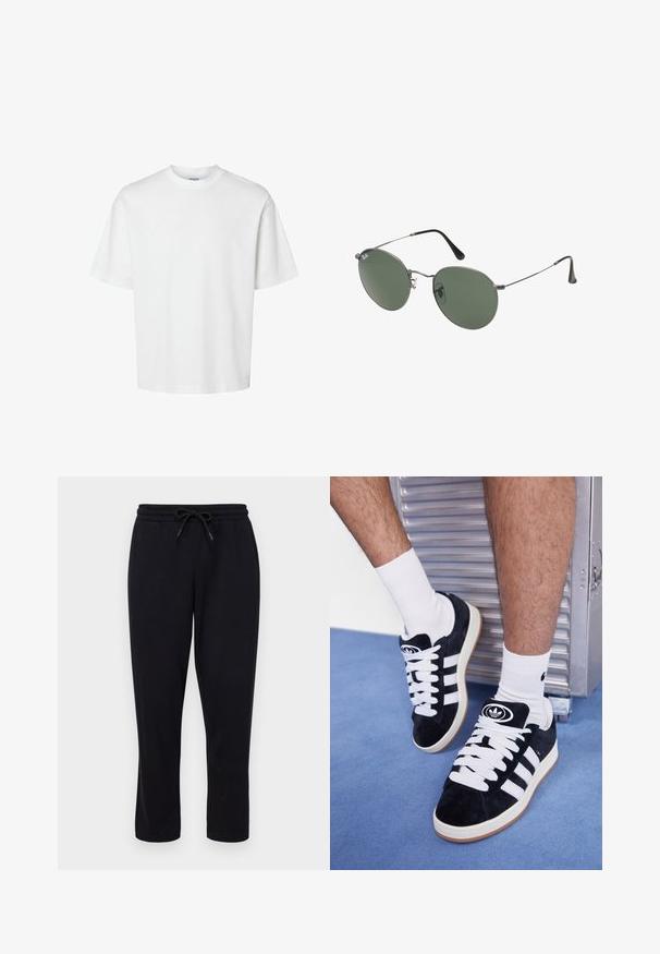 T-shirt bianco in cotone con maniche corte, scollo rotondo e vestibilità rilassata. Texture liscia senza pattern o dettagli visibili.; Camicia a maniche corte di colore beige con bottoni e colletto, caratterizzata da un logo verde sulla tasca sinistra del petto. Tessuto liscio e leggero.; Only & Sons ONSCONNOR STRAIGHT PANTS - Pantaloni sportivi - black; Sneakers in suede nero con lacci bianchi e tre strisce bianche. Presentano un logo circolare nero sulla linguetta e una suola in gomma color gomma.; Occhiali da sole con montatura in metallo e lenti verdi ovali. Montatura sottile in metallo argento e terminali neri. Design minimalista, senza loghi visibili.