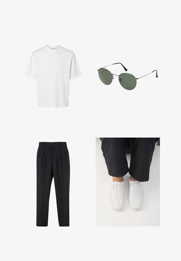 Fehér pamut póló rövid ujjakkal, kerek nyakkivágással és laza szabással. Simább textúra, látható minták vagy kiegészítők nélkül.; Fekete nadrág, pliszézett elejű dizájnnal, sima anyagból készült. Gombos záródás és övhurkok jellemzik; egyenes szabású.; Fehér bőr sportcipők, sima felszínnel, kerek orral és klasszikus fűzőrendszerrel, sötét, laza szabású nadrág felett elhelyezve.; Fémkeretes napszemüveg ovális zöld lencsékkel. Vékony ezüst színű fémkeret és fekete fülrész. Minimalista dizájn, látható logók nélkül.