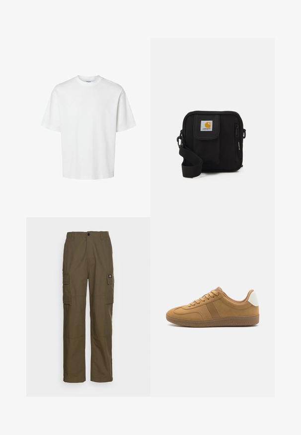 White cotton t-shirt with short sleeves, crew neckline, and a relaxed fit. Smooth texture with no visible patterns or accents.; Cargo pants in olive green, made of durable fabric. Features two side pockets, a standard waist, and a straight-leg design.; Call it Spring IMPALLA - Trainers - tan; Black crossbody bag with a zippered main compartment, front pocket, adjustable strap, and a visible logo patch on the flap.