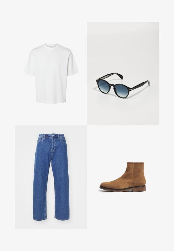 Camiseta blanca de algodón con mangas cortas, escote redondo y un corte relajado. Textura suave sin patrones o acentos visibles.; Jeans de mezclilla azul con un diseño de pierna recta, que presentan un cierre de botón y cremallera, estilo de cinco bolsillos y detalles de costura mínimos.; FRED MARTIN COLLECTION SOTOGRANDE - Botines - camel suede; Gafas de sol negras con forma ovalada, lentes degradados en tonalidad azul y brazos elegantes con distintivos acentos plateados. Textura suave en toda su superficie.