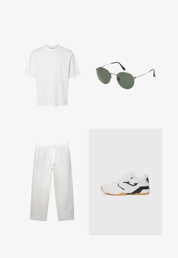Witte katoenen t-shirt met korte mouwen, ronde hals en een relaxed fit. Gladde textuur zonder zichtbare patronen of accenten.; Witte linnen broeken met een elastische tailleband met koord, een wijd been ontwerp en schone naden. Glad textuur met een casual pasvorm.; Witte sportieve schoen met zwarte accenten, een textuur van mesh bovenkant, perforaties voor ademend vermogen, dikke rubberen zool en vetersluiting.; Metalen zonnebril met ovale groene lenzen. Dunne zilveren metalen rand en zwarte oorstoppers. Minimalistisch ontwerp, zonder zichtbare logo's.