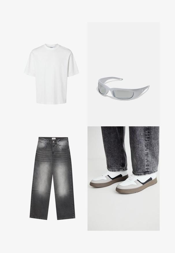 T-shirt en coton blanc à manches courtes, col rond et coupe décontractée. Texture lisse sans motifs ou accents visibles.; Jeans en denim noir à jambes larges avec une finition gris délavé, dotés de poches avant, d'une fermeture à bouton et de légères distorsions au niveau des genoux.; Call it Spring FRESHH - Baskets basses - multi-coloured; Lunettes de soleil avec une monture en plastique gris élégant, au design courbé, et des verres teintés gris. Présente un accent de logo sur une branche.