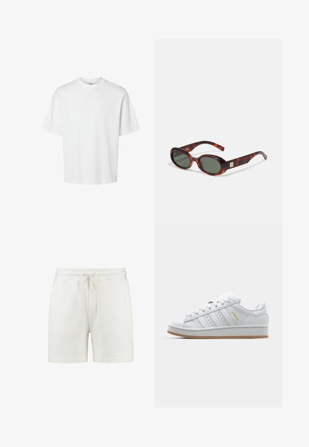 Valge puuvillane t-särk lühikeste varrukatega, ümmarguse kaelusega ja lõdva lõikega. Sile tekstuur, ilma nähtavate mustrite või aktsentideta.; Valged puuvillased lühikesed püksid pa elastse vöömise, reguleeritava nööri ja küljetaskutega. Sile tekstuur, keskmise reite pikkus.; Valge tenniseking, millel on perforeeritud kolmerealine disain, tekstureeritud aktsendid, kummist talla ja külgedel kuldne "CAMPUS" logo.; Kilpkonnakilbi päikeseprillid tumedate objetsidega, ovaalse kujuga ja laia varrega. Küljel on väike kuldne aksessuaar. Sile plastmaterjal.