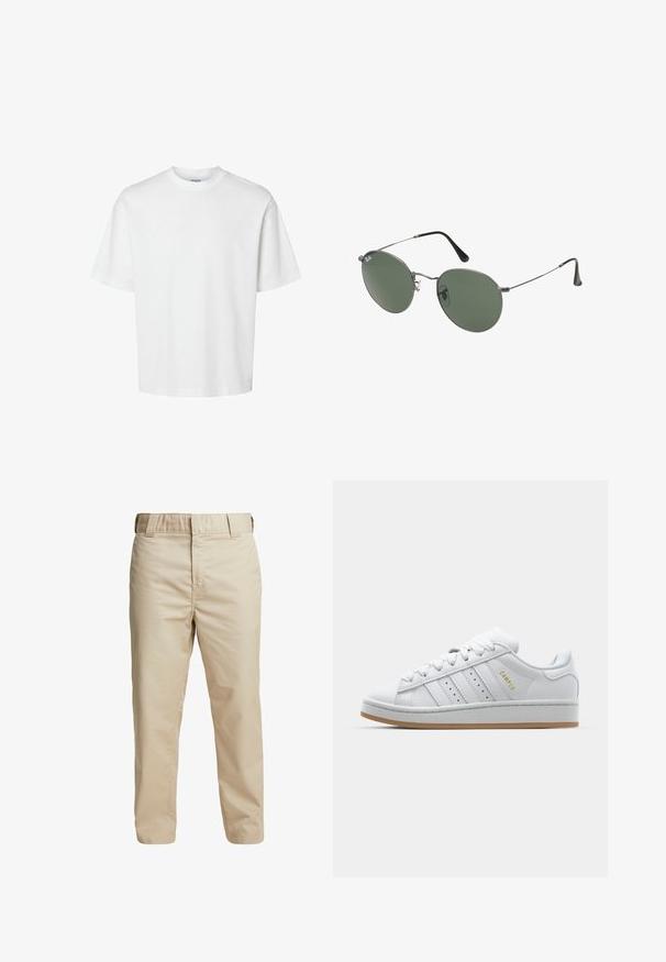 T-shirt en coton blanc à manches courtes, col rond et coupe décontractée. Texture lisse sans motifs ou accents visibles.; Pantalons en coton beige avec une coupe slim, des jambes droites et des passants de ceinture ; texture lisse et design minimaliste sans accents visibles.; Baskets blanches avec un design perforé à trois rayures, des accents texturés, une semelle en caoutchouc et le logo "CAMPUS" en doré sur le côté.; Lunettes de soleil en métal avec des verres ovales verts. Monture en métal argenté mince et embouts d'oreille noirs. Design minimaliste, sans logos visibles.