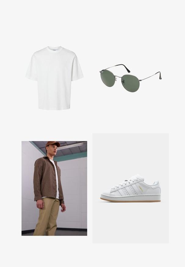 Biele bavlnené tričko s krátkymi rukávmi, okrúhlym výstrihom a voľným strihom. Hladká textura bez viditeľných vzorov alebo akcentov.; Hnedá károvaná košeľa s dlhými rukávmi, spárovaná s béžovými nohavicami, nosená na biele tričko. Model stojí v jednoduchom vnútornom prostredí.; Biele tenisky s perforovaným dizajnom trojprúžku, textúrovanými akcentmi, gumovou podrážkou a zlatým logom "CAMPUS" na boku.; Sunglass s metalovým rámom s oválnymi zelenými šošovkami. Tenký strieborný kovový rám a čierne štuple za uši. Minimalistický dizajn, bez viditeľných log.