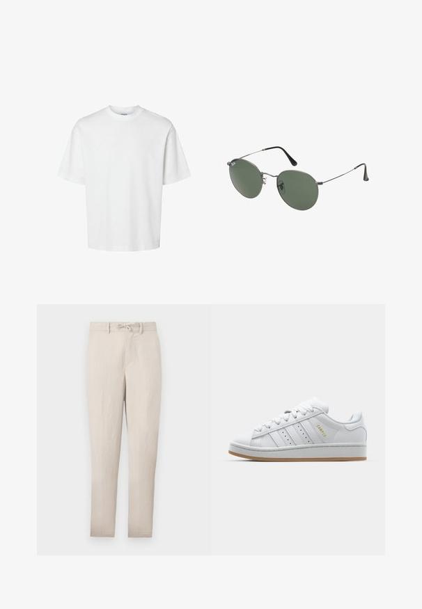 Balts kokvilnas T-krekls ar īsām piedurknēm, apaļu kakla izgriezumu un brīvu piegriezumu. Gluda tekstūra bez redzamām rakstu vai akcentu detaļām.; Gaišbeige krāsas viegla, tapered stila bikses ar aukliņu jostā, gludu priekšpusi un minimālām krokām. Iekļautas jostu cilpas un sānu kabatas.; Baltie balti sneki ar perforētu trīs svītru dizainu, teksturētām akcentēm, gumijas zoli un zelta "CAMPUS" logo sānos.; Metāla rāmji saulesbrillēm ar ovālām zaļām lēcām. Tievs sudraba metal rāmji un melni ausu spilventiņi. Minimalistiska dizaina, bez redzamām apzīmējumiem.