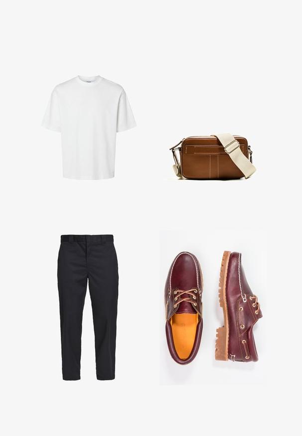 Witte katoenen t-shirt met korte mouwen, ronde hals en een relaxed fit. Gladde textuur zonder zichtbare patronen of accenten.; Zwarte chino's van lichtgewoven katoen, met een rechte pijp, zijzakken en een knoopsluiting bij de taille.; Bordeaux leren schoenen met bruine rubberen zolen, ronde neus, witte stiksels en gouden veterogen. Het interieur heeft een gele voering.; Bruine leren schoudertas met witte stiksels, rechthoekige vorm, ritsafsluiting en een verstelbare beige schouderband. Heeft twee voorvakken.; Zilverkleurige Casio kwarts horloge met rechthoekige wijzerplaat, analoge en digitale displays, roestvrijstalen band en waterbestendige eigenschappen.