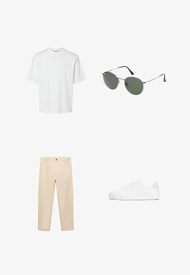 Hvid bomulds T-shirt med korte ærmer, rund halsudskæring og en afslappet pasform. Glat tekstur uden synlige mønstre eller detaljer.; Beige, casual bukser lavet af et blødt stof; har en elastisk talje, forlommer og en lige benstruktur.; Hvid sneaker med en glat læderoverdel, rund tå, flad sål og minimalistisk design. Har diskret branding og en beige detalje ved hælen.; Metalrammede solbriller med ovale grønne linser. Tynd sølvmetalramme og sorte ørepropper. Minimalistisk design, ingen synlige logoer.