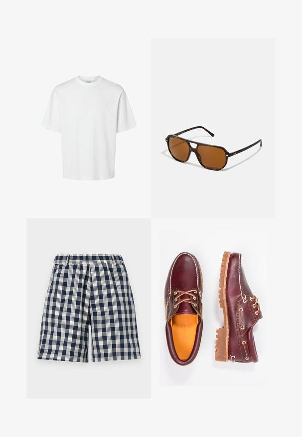 Balts kokvilnas T-krekls ar īsām piedurknēm, apaļu kakla izgriezumu un brīvu piegriezumu. Gluda tekstūra bez redzamām rakstu vai akcentu detaļām.; Jūras spēku un baltā tosīta šorti ar elastīgu jostu. Iespējo brīvs piegriezums un taisna griezuma. Izgatavoti no tekstila auduma, piemēroti ikdienas valkāšanai.; Burgundijas krāsas ādas apavi ar brūniem gumijas zole, apaļiem purngalu, baltu šuvumu un zelta caurumiem. Iekšpusei ir dzeltena oderējums.; Bruņurupuča apvalka saulesbrilles ar brūniem lēcu, taisnstūra forma un metāla akcenti uz rāmja. Glīts dizains ar plāniem ieročiem.