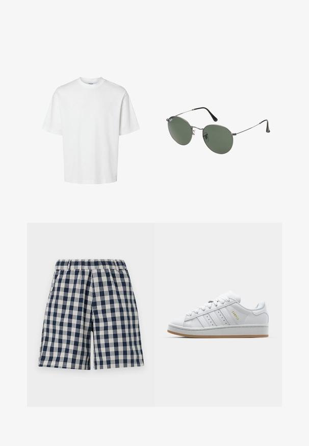 Fehér pamut póló rövid ujjakkal, kerek nyakkivágással és laza szabással. Simább textúra, látható minták vagy kiegészítők nélkül.; Tengerészkék és fehér kockás rövidnadrág, rugalmas derékpánttal. Laza szabású és egyenes vonalvezetésű. Textilből készült, alkalmas hétköznapi viseletre.; Fehér sneaker perforált háromsávos dizájnnal, texturált akcentusokkal, gumitalppal és arany "CAMPUS" logóval az oldalon.; Fémkeretes napszemüveg ovális zöld lencsékkel. Vékony ezüst színű fémkeret és fekete fülrész. Minimalista dizájn, látható logók nélkül.
