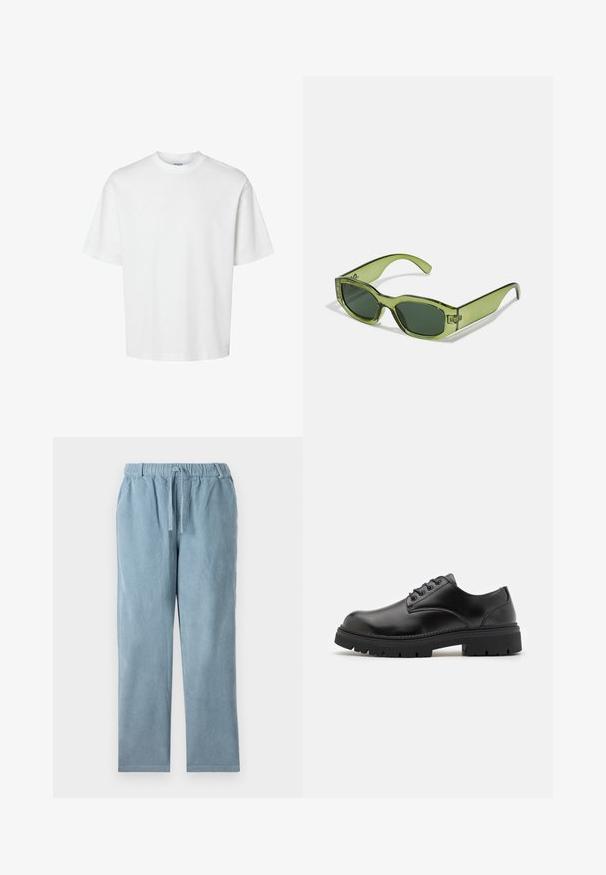 Balta medvilninė marškinė su trumpomis rankovėmis, apvaliu iškirpimu ir laisvu siluetu. Lygus paviršius be matomų raštų ar akcentų.; Šviesiai mėlynos velveto kelnės su elastinga juosta, raišteliu, tiesios kojos siluetu ir šerpetojančia tekstūra. Matomų kišenių nėra.; Juodi odiniai bateliai su apvaliu nosiu, raištelių užsegimu ir storu, tekstūruotu guminėmis padais. Yra siuvinėjimas per kraštą ir lygus paviršius.; Žali permatomai akiniai nuo saulės su stačiakampiu rėmeliu, tamsiai žali objektyvai ir logotipas šone. Kurti sklandžios tekstūros ir modernaus dizaino.