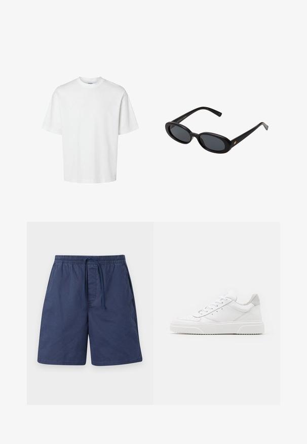 Fehér pamut póló rövid ujjakkal, kerek nyakkivágással és laza szabással. Simább textúra, látható minták vagy kiegészítők nélkül.; Tengerészkék rövidnadrág könnyű anyagból, amely rugalmas derékkal és húzózsinórral, oldalsó zsebekkel és laza szabással rendelkezik.; Fehér bőr sportcipő sima felülettel, kerek orral, lapos fűzőkkel és textúrált talppal. Szürke velúr díszítés a saroknál.; Fekete, oversize napszemüveg ovális lencsékkel, sima műanyag kerettel és arany részletekkel a fülpánton. Sötét lencséi védelmet nyújtanak a napfény ellen.