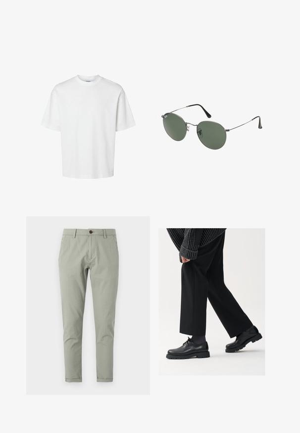 Hvid bomulds T-shirt med korte ærmer, rund halsudskæring og en afslappet pasform. Glat tekstur uden synlige mønstre eller detaljer.; Skræddersyede grønne chinos lavet af letvægtsbomuld. Har en knaplukning, for- og baglommer samt en tapered ben-design.; Sorte lædersko med rund tå, snørebåndsdesign og tyk, tekstureret sål. Båret sammen med skræddersyede sorte bukser og en ribbet sweater.; Metalrammede solbriller med ovale grønne linser. Tynd sølvmetalramme og sorte ørepropper. Minimalistisk design, ingen synlige logoer.