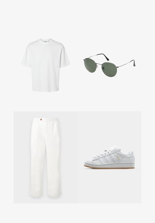 Valge puuvillane t-särk lühikeste varrukatega, ümmarguse kaelusega ja lõdva lõikega. Sile tekstuur, ilma nähtavate mustrite või aktsentideta.; Valged puuvillased püksid sirge lõikega, millel on kaks esist kumerust, üks nööbiga kinnitamine ja küljetaskud. Sile tekstuur.; Valge tenniseking, millel on perforeeritud kolmerealine disain, tekstureeritud aktsendid, kummist talla ja külgedel kuldne "CAMPUS" logo.; Metallist raamistikuga prillid ovaalsete roheliste läätsedega. Õhuke hõbedane metallraam ja mustad kõrvakatted. Minimalistlik disain, nähtavad logod puuduvad.