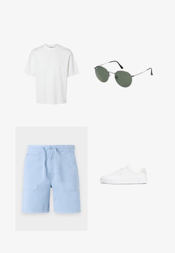 Witte katoenen t-shirt met korte mouwen, ronde hals en een relaxed fit. Gladde textuur zonder zichtbare patronen of accenten.; Lichtblauwe shorts van katoen, met een trekkoord in de taille, twee voorzakken en een gladde textuur. Eenvoudig ontwerp met minimale accenten.; Witte sneaker met een glad leren bovenwerk, ronde neus, platte zool en een minimalistisch ontwerp. Voorzien van subtiele branding en een beige accent op de hak.; Metalen zonnebril met ovale groene lenzen. Dunne zilveren metalen rand en zwarte oorstoppers. Minimalistisch ontwerp, zonder zichtbare logo's.