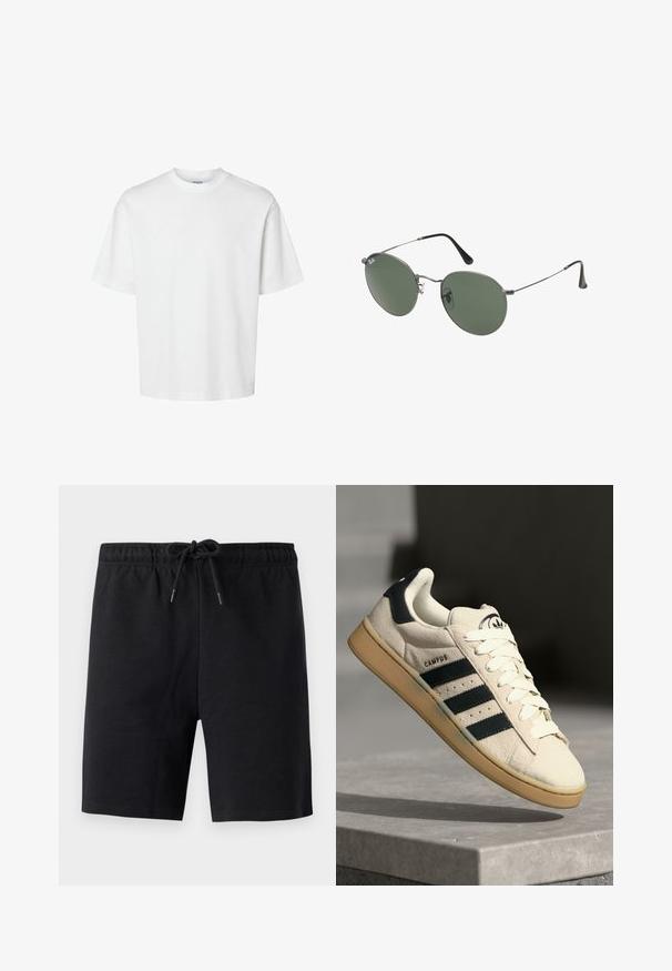 Camiseta blanca de algodón con mangas cortas, escote redondo y un corte relajado. Textura suave sin patrones o acentos visibles.; Pantalones cortos negros hechos de tela suave. Cuentan con una cintura elástica con cordón. Diseño liso, sin patrones ni acentos visibles.; Zapatilla de ante beige con tres rayas azul marino, cordones blancos y una suela de goma color cuero. Presenta un logo en la lengüeta y el texto "CAMPUS".; Gafas de sol con marco de metal y lentes ovalados verdes. Marco delgado de metal plateado y puntas de las orejas negras. Diseño minimalista, sin logotipos visibles.