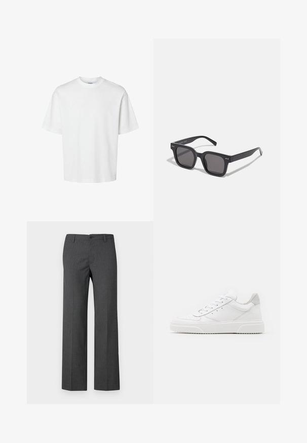 Fehér pamut póló rövid ujjakkal, kerek nyakkivágással és laza szabással. Simább textúra, látható minták vagy kiegészítők nélkül.; Szürke csíkos nadrág, ami finom anyagból készült, egyenes lábbal, elülső zsebekkel és gombbal záródó derékrésszel.; Fehér bőr sportcipő sima felülettel, kerek orral, lapos fűzőkkel és textúrált talppal. Szürke velúr díszítés a saroknál.; Fekete téglalap alakú napszemüveg sötét lencsékkel, vastag kerettel, finom díszítésekkel az oldalán, és a márkanevet leszámítva látható logók nélkül.