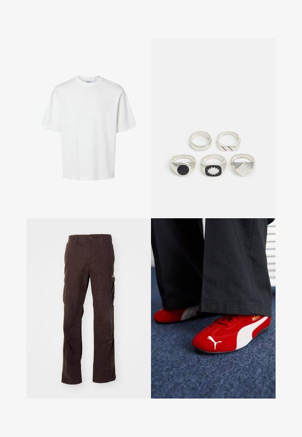 Bílý bavlněný tričko s krátkými rukávy, klasickým kulatým výstřihem a volným střihem. Hladká textura bez viditelných vzorů nebo akcentů.; Hnědé cargo kalhoty vyrobené z pevné bavlněné látky, s bočními kapsami, uvolněným střihem a rovnými nohavicemi se viditelnými švy.; Červené semišové tenisky s bílými detaily, mají texturovaný materiál, kulatou špičku a zlaté logo na boku, nošené s černými kalhotami.; Pět stříbrných prstenů: jeden s černým kulatým detailem, jeden s bílým a černým geometrickým vzorem, a další s různými tvary a povrchy.