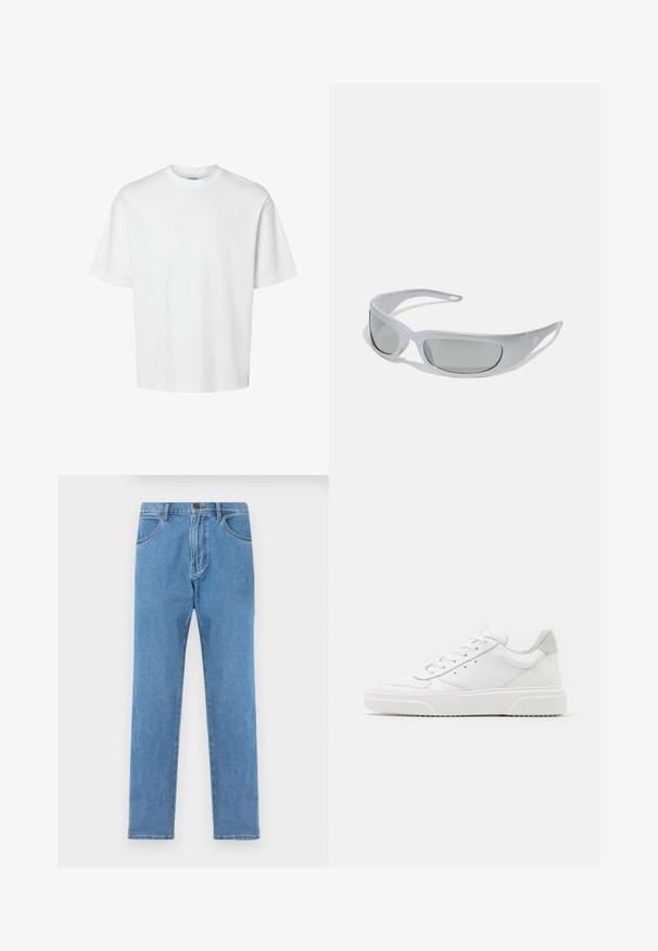 Balta medvilninė marškinė su trumpomis rankovėmis, apvaliu iškirpimu ir laisvu siluetu. Lygus paviršius be matomų raštų ar akcentų.; Šviesiai mėlyno džinsinio audinio kelnės su tiesiomis kojomis, klasikinio penkių kišenių stiliumi ir diržo kilpomis ties liemeniu.; Balti odiniai sportbačiai su lygiu paviršiumi, apvaliu pirštu, plokščiomis raištelėmis ir struktūrizuota padu. Pilko zimšo akcentas ant kulno.; Akiniai nuo saulės su elegantišku, pilku plastiko rėmu, išlenktu dizainu ir pilkai tonuotais objektyvais. Išskirtinė detalė - logotipas ant vienos šakės.