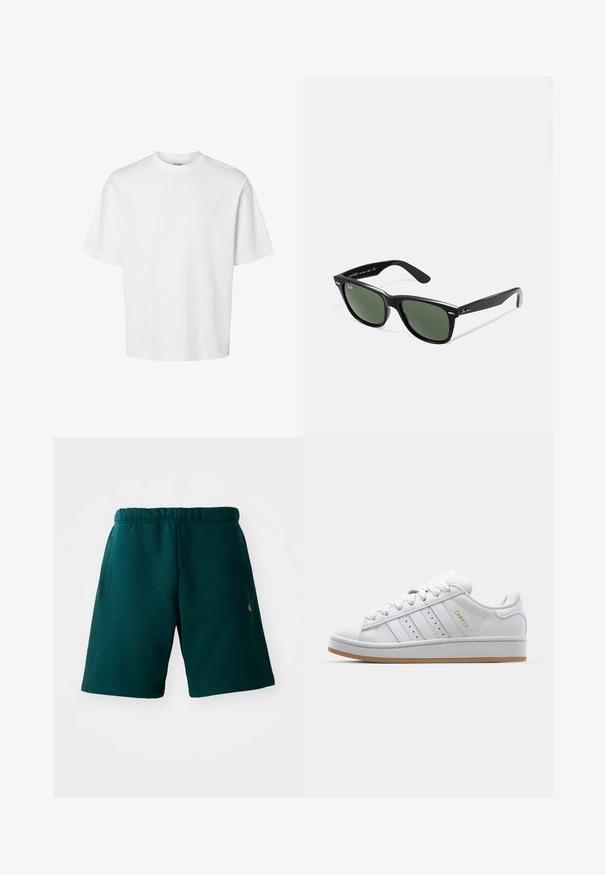 Bijela pamučna majica kratkih rukava, s okruglim izrezom i opuštenim krojem. Glatka tekstura bez vidljivih uzoraka ili ukrasa.; Tamnozelene pamučne kratke hlače s elastičnim pojasom, bočnim džepovima i malim logotipom na donjoj strani. Glatka tekstura i dizajn do koljena.; Bijele tenisice s perforiranim dizajnom u tri pruge, teksturiranim detaljima, gumeni potplat i zlatni "CAMPUS" logo na strani.; Crne plastične sunčane naočale s zelenim staklima, kvadratni okviri, srebrni naglasak na obrvi i teksturirane ručke. Naziv brenda naveden na unutrašnjoj strani ručke.; Timex satelit sa bijeljem brojčanikom, crnim arapskim brojevima i kućištem u zlatnoj boji. Ima smešani kožni remen s reljefnim uzorkom krokodila i prozor za datum.