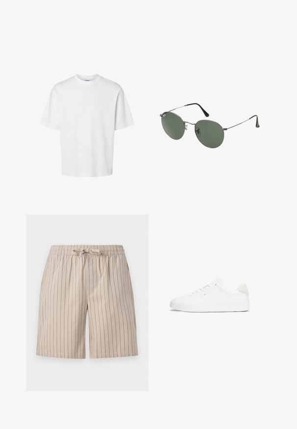 Hvit bomull t-skjorte med korte ermer, rund hals og avslappet passform. Glatt tekstur uten synlige mønstre eller detaljer.; Lys beige stripete shorts laget av lett materiale. Har elastisk midjebånd med snøring og sidelommer. Vertikale pinstriper som detalj.; Hvite sneakers med en glatt lær-overdel, rund tå, flat såle og minimalistisk design. Har diskret merkevare og en beige aksent ved hælen.; Metallinnrammede solbriller med ovale grønne linser. Tynn sølvfarget metallramme og svarte øreplugger. Minimalistisk design, ingen synlige logoer.