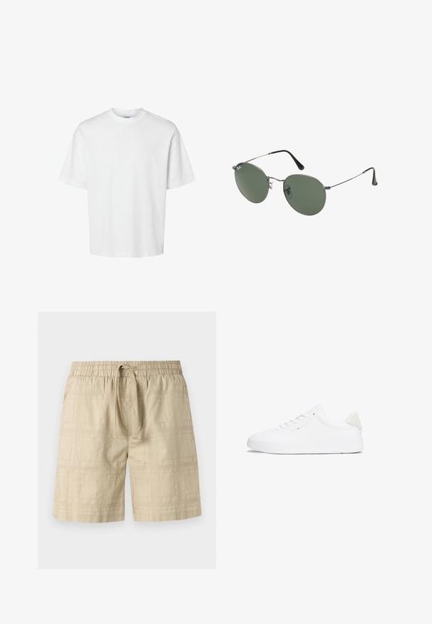 White cotton t-shirt with short sleeves, crew neckline, and a relaxed fit. Smooth texture with no visible patterns or accents.; Beige shorts made of lightweight fabric with an elastic waistband and drawstring, featuring a subtle grid pattern and straight cut.; White sneaker with a smooth leather upper, round toe, flat sole, and minimalistic design. Features subtle branding and a beige accent at the heel.; Metal-framed sunglasses with oval green lenses. Thin silver metal frame and black ear tips. Minimalist design, no visible logos.