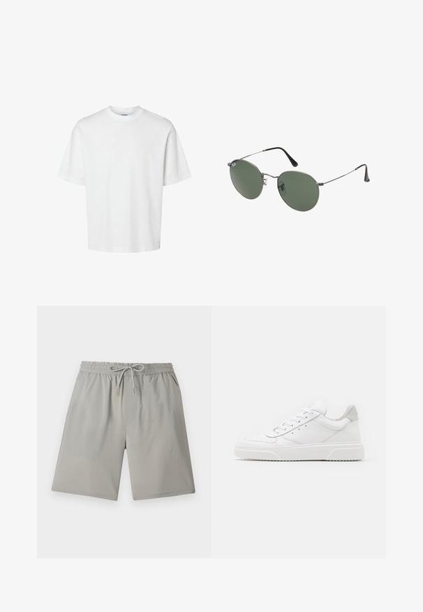 T-shirt en coton blanc à manches courtes, col rond et coupe décontractée. Texture lisse sans motifs ou accents visibles.; Shorts gris clair avec une taille élastique, un cordon de serrage réglable, des poches latérales et une texture douce et lisse.; Des baskets en cuir blanc avec une finition lisse, un bout rond, des lacets plats et une semelle texturée. Accents en daim gris au niveau du talon.; Lunettes de soleil en métal avec des verres ovales verts. Monture en métal argenté mince et embouts d'oreille noirs. Design minimaliste, sans logos visibles.