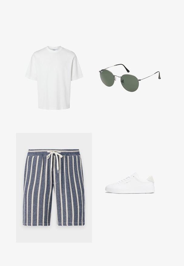 Weißes Baumwoll-T-Shirt mit kurzen Ärmeln, Rundhalsausschnitt und lässigem Schnitt. Glatte Textur ohne sichtbare Muster oder Akzente.; Marineblaue, strukturierte Shorts mit weißen vertikalen Streifen, elastischem Bund und Kordelzug. Lässiges Design, geeignet für warmes Wetter.; Weiße Sneaker mit einem Obermaterial aus glattem Leder, runder Zehenpartie, flacher Sohle und minimalistischem Design. Verfügt über dezentes Branding und einen beigen Akzent an der Ferse.; Metallgestellte Sonnenbrille mit ovalen grünen Gläsern. Dünner silberner Metallrahmen und schwarze Ohrstücke. Minimalistisches Design, keine sichtbaren Logos.