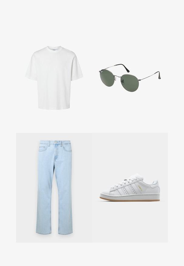 T-shirt bianco in cotone con maniche corte, scollo rotondo e vestibilità rilassata. Texture liscia senza pattern o dettagli visibili.; Jeans in denim azzurro chiaro con taglio dritto, dotati di tasche frontali, un singolo bottone argentato e dettagli di cucitura lungo le cuciture.; Sneaker bianca con design a tre strisce perforate, dettagli testurizzati, suola in gomma e logo "CAMPUS" in oro sul lato.; Occhiali da sole con montatura in metallo e lenti verdi ovali. Montatura sottile in metallo argento e terminali neri. Design minimalista, senza loghi visibili.