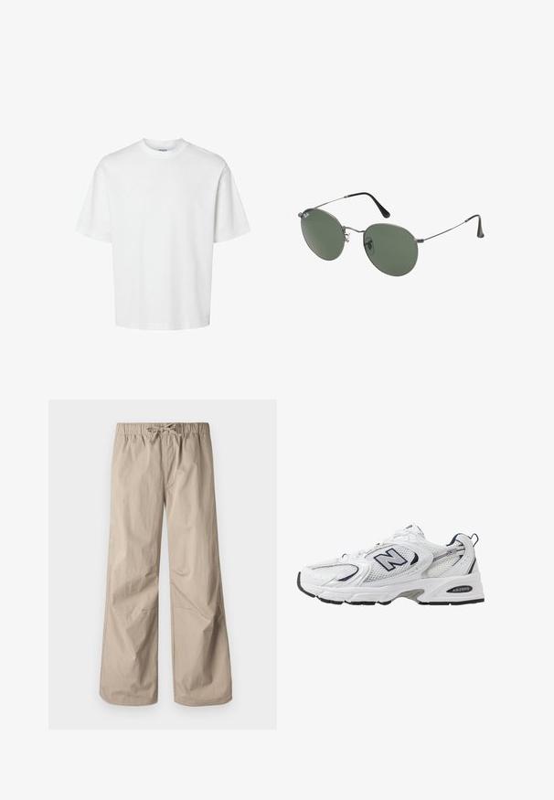 Hvid bomulds T-shirt med korte ærmer, rund halsudskæring og en afslappet pasform. Glat tekstur uden synlige mønstre eller detaljer.; Beige brede bukser med elastisk talje og snøre. Glat tekstur, to sidelommer og minimale sømme for en afslappet pasform.; Hvide sportsko med netoverdel, marineblå detaljer og polstret sål. Har "N" logo, snørebånd og struktureret detalje på siden.; Metalrammede solbriller med ovale grønne linser. Tynd sølvmetalramme og sorte ørepropper. Minimalistisk design, ingen synlige logoer.
