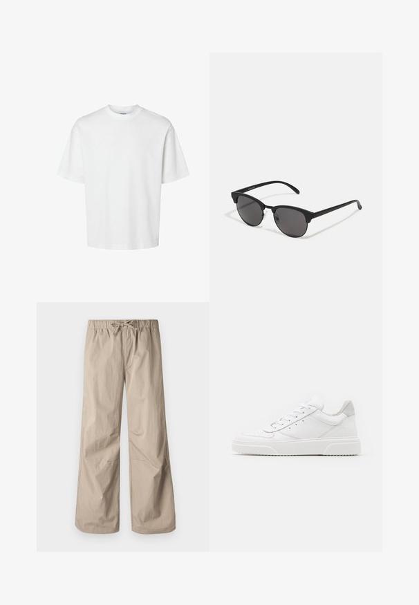 Valge puuvillane t-särk lühikeste varrukatega, ümmarguse kaelusega ja lõdva lõikega. Sile tekstuur, ilma nähtavate mustrite või aktsentideta.; Beežid laiad püksid elastse vöökoha ja tõmbluku abil. Sile tekstuur, kaks küljetaskut ja minimaalsed õmblused, et tagada mugav istuvus.; Valged nahast spordijalatsid siledast nahast viimistlusega, ümarate varvastega, lamekestega ja tekstuuriga tallaga. Hall suede aktsent kanna juures.; Mustad prillid ümmarguste läätsedega, mati viimistlusega ja iseloomuliku kassisilma kujuga. Peened sangad, millel on vasakul templil diskreetne brändingu märk.