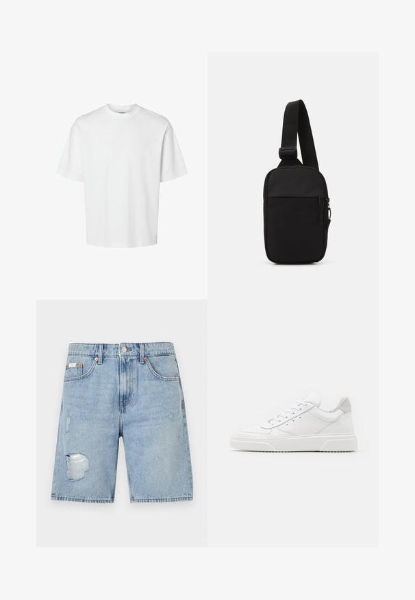 T-shirt en coton blanc à manches courtes, col rond et coupe décontractée. Texture lisse sans motifs ou accents visibles.; Shorts en denim bleu clair avec un design usé. Comprend des bords effilochés et des patchs, cinq poches et un bouton en métal pour la fermeture.; Des baskets en cuir blanc avec une finition lisse, un bout rond, des lacets plats et une semelle texturée. Accents en daim gris au niveau du talon.; Sac bandoulière noir en tissu durable, avec une seule sangle ajustable, un compartiment principal zippé et une poche avant.