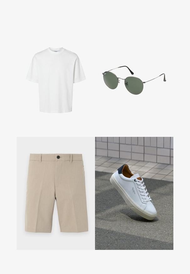 Biała bawełniana koszulka z krótkim rękawem, okrągłym dekoltem i luźnym krojem. Gładka struktura bez widocznych wzorów czy akcentów.; Beżowe szorty z gładkim przodem, subtelną teksturą, jednym zapięciem na guzik, kieszeniami po bokach i szlufkami na pasek. Dopasowany krój oraz długość do kolan.; Białe skórzane trampki z granatowym piętkiem, okrągłym noskiem i kontrastowymi brązowymi akcentami. Posiadają płaskie sznurówki i teksturowaną gumową podeszwę.; Okulary przeciwsłoneczne z metalową ramą i owalnymi zielonymi soczewkami. Cienka srebrna metalowa rama i czarne końcówki zauszników. Minimalistyczny design, bez widocznych logo.
