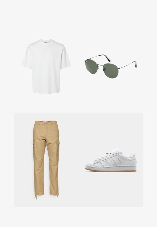 Hvid bomulds T-shirt med korte ærmer, rund halsudskæring og en afslappet pasform. Glat tekstur uden synlige mønstre eller detaljer.; Khaki cargo bukser med lige pasform, lavet af bomuld. Funktioner inkluderer sidelommer, en knaplukning og justerbare ankeltie.; Hvide sneakers med perforeret tre-stribe-design, teksturerede detaljer, en gummisål og "CAMPUS" logo i guld på siden.; Metalrammede solbriller med ovale grønne linser. Tynd sølvmetalramme og sorte ørepropper. Minimalistisk design, ingen synlige logoer.